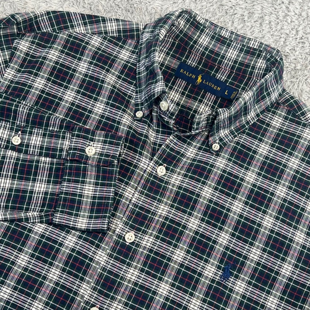 Ralph Lauren Plaid Button Down Shirt Mens L Green Navy Madras Custom  Fit Preppy